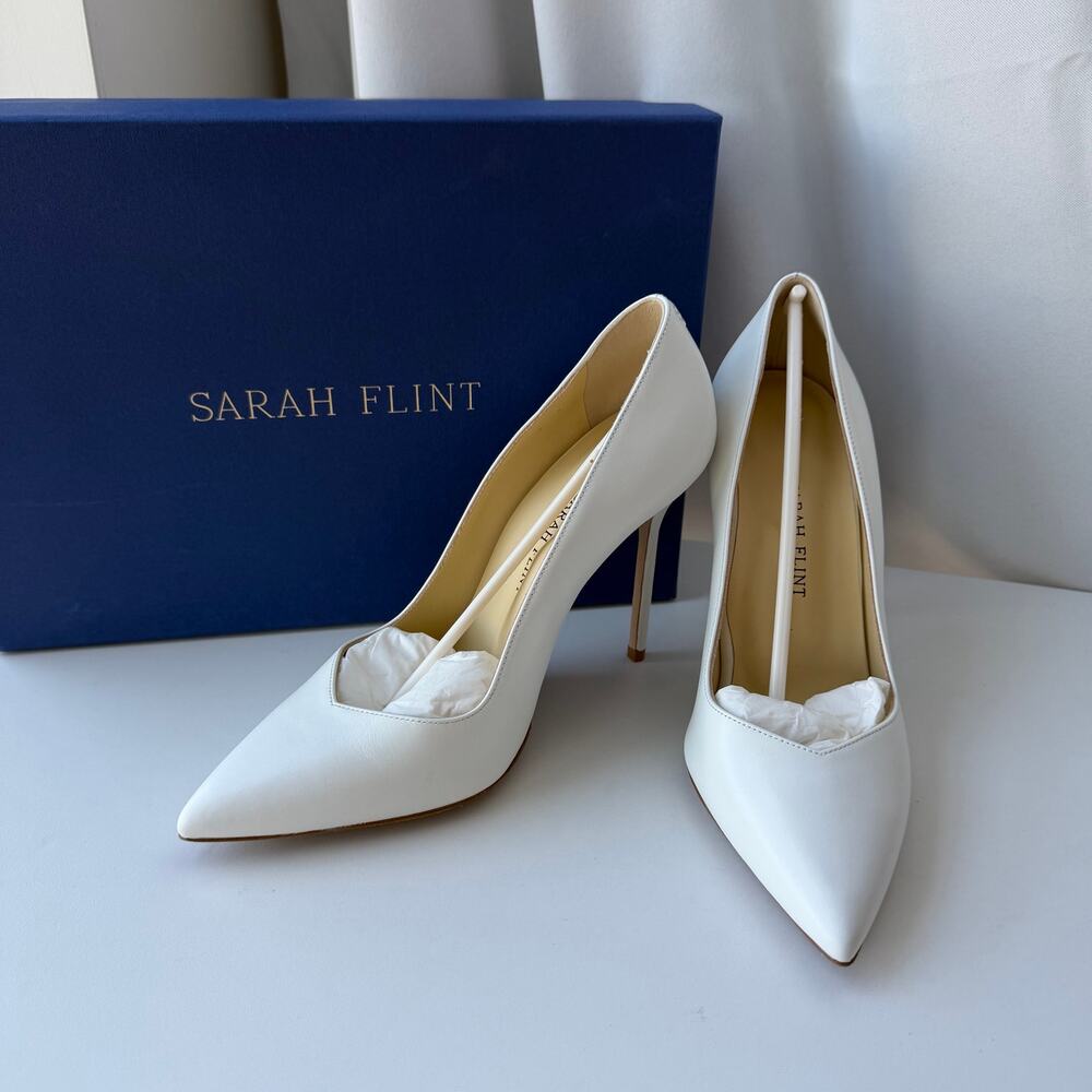 Sarah Flint 8 Perfect Pump 100 White Leather Pointed Toe Heel Bride Quiet Luxury